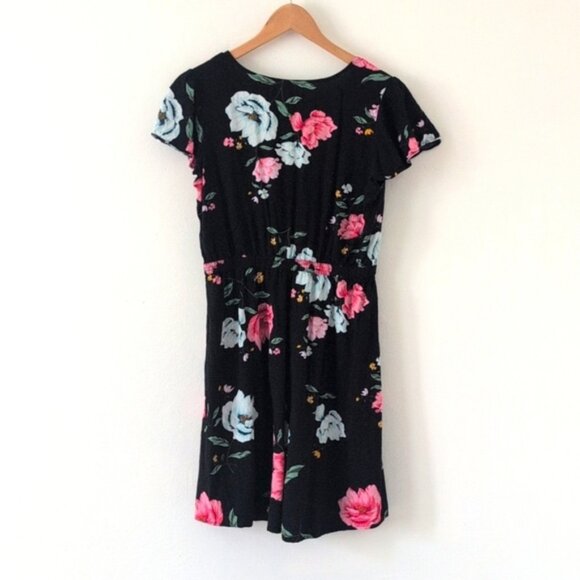 Old Navy Black Dress Pink & Blue Floral Flutter Short Sleeve Pull On Sz M - Picture 7 of 7
